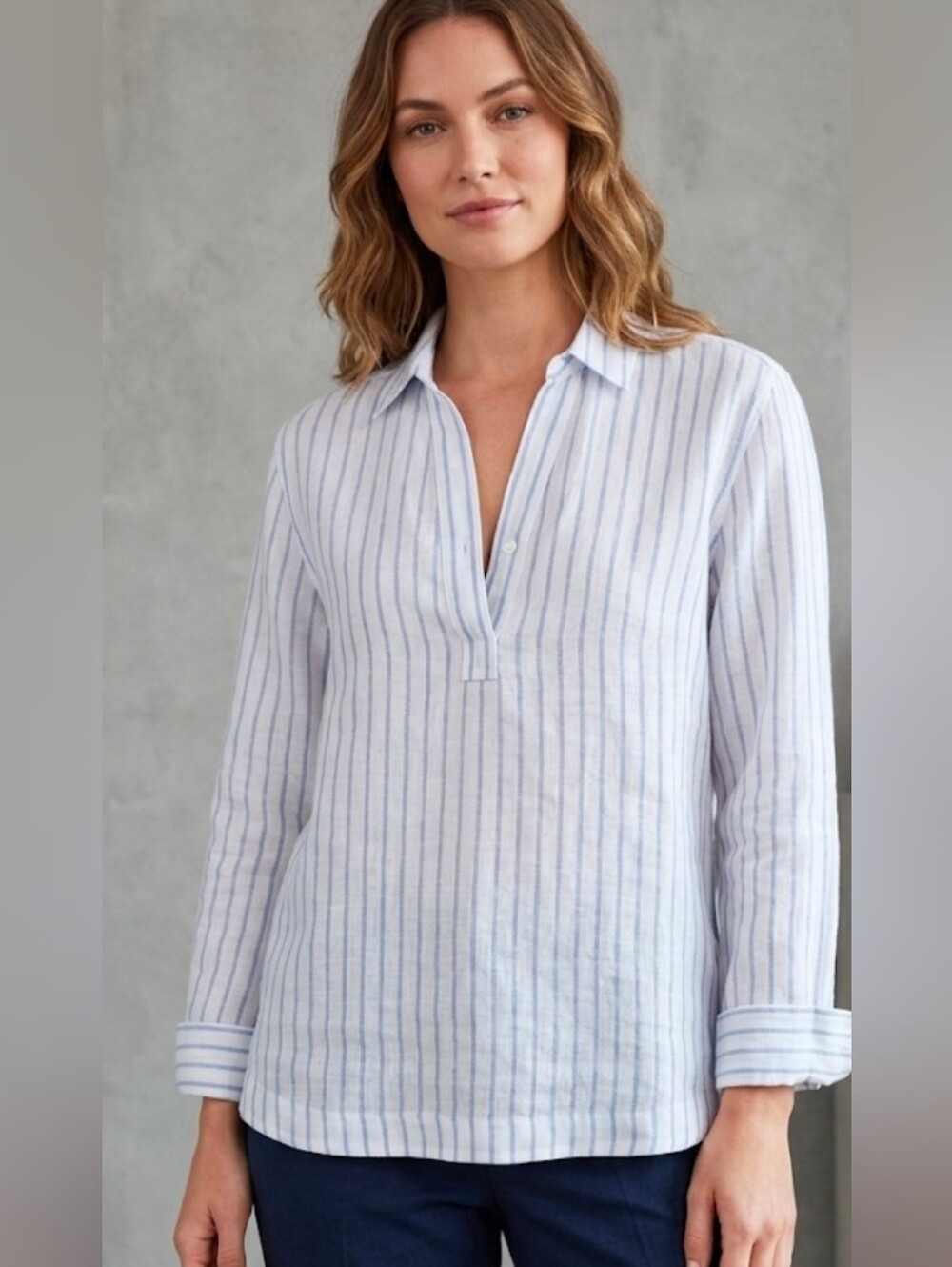 Martha Stewart Light Blue and White Striped Popover Shirt